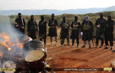 ISIS militants burned these drums because they believe music is against their religion.