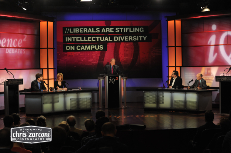 Intelligence Squared debate, 'Liberals are Stifling Intellectual Diversity on Campus,' at George Washington University, Washington, DC, Feb. 24, 2015. (L to R) Greg Lukianoff, Kirsten Powers, John Donvan, Angus Johnston, Jeremy Mayer.