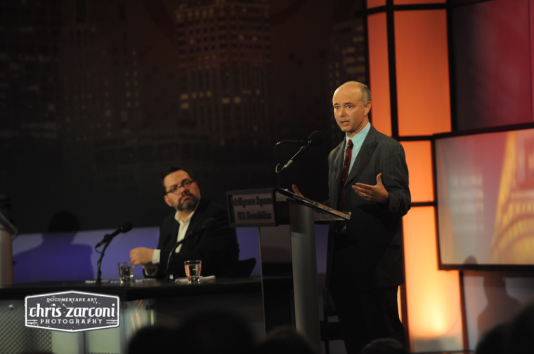 Intelligence Squared debate, 'Liberals are Stifling Intellectual Diversity on Campus,' at George Washington University, Washington, DC, Feb. 24, 2015. (L to R) Dr. Angus Johnston, a historian of student activism, and Jeremy Mayer, associate professor of political science at George Mason University.