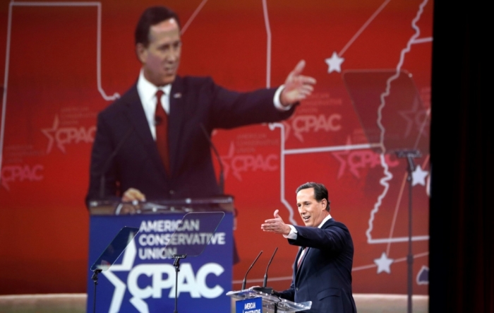 Former Pennsylvania Senator Rick Santorum speaks at the Conservative Political Action Conference at National Harbor in Maryland, February 27, 2015.