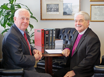 Attorney Shelby Sharpe (left) and Diocese of Fort Worth Bishop Jack L. Iker (right). In March 2015 a district court judge ruled in favor of the diocese against The Episcopal Church in a lawsuit determining who rightly controlled the diocesan property and funds.