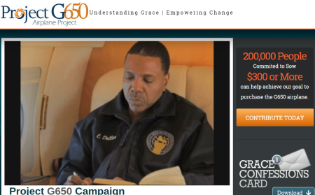 A screen shot of the website appealing to supporters of Creflo Dollar's World Changers International church to help him purchase a $65 million airplane.