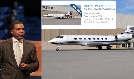 Televangelist Creflo Dollar (L) and the luxury jet (R) he's asking the public to purchase for his ministry.