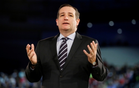 U.S. Senator Ted Cruz, R-Texas, confirms his candidacy for the 2016 U.S. presidential election race during a speech at Liberty College in Lynchburg, Virginia, March 23, 2015. Cruz, a conservative firebrand who frequently clashes with leaders of his Republican Party, became the first major figure from either party to jump into the 2016 U.S. presidential election race on Monday when he announced his candidacy earlier in the day on Twitter.