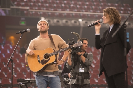 Joel Houston and Taya Smith rehearse for the Los Angeles Forum concert while filming Hillsong's movie 'Let Hope Rise' in this undated photo.