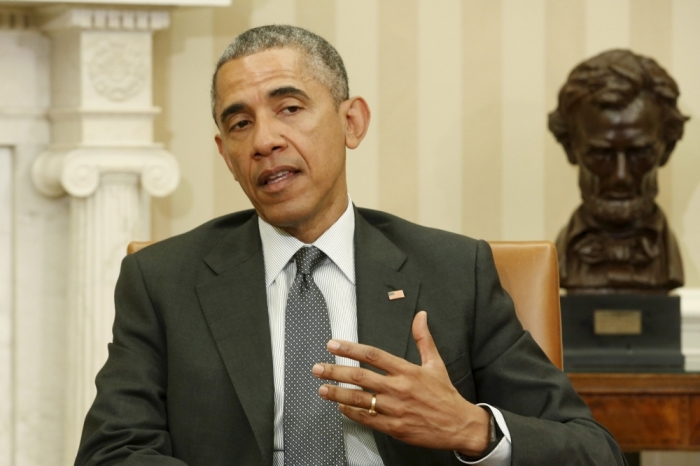 U.S. President Barack Obama delivers remarks to reporters after his bilateral meeting with Iraq's Prime Minister Haider Al-Abadi in the Oval Office at the White House in Washington April 14, 2015.