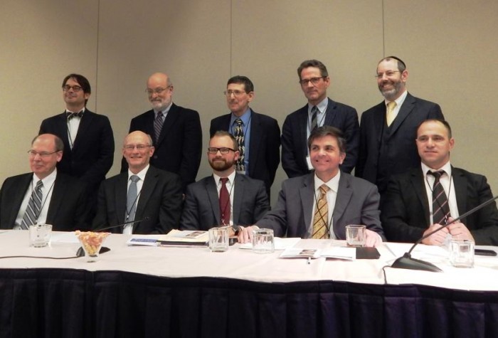 (L to R, Back Row) Joel Willits, Darrell Bock, Mark S. Kinzer, Gerald R. McDermott, David Rudolph; (L to R, Front) Craig Blaising, Robert Benne, Robert W. Nicholson, Mark Tooley, Shadi Khalloul, 'People of the Land: A Twenty-First Century Case for Christian Zionism' conference, Washington, D.C., April 17, 2015.