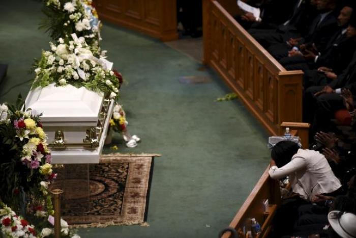 A member of the family reacts during Freddie Gray's funeral service at New Shiloh Baptist Church in Baltimore April 27, 2015.