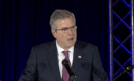 Former Florida Governor Jeb Bush delivering remarks in English and Spanish before the conference of the National Hispanic Christian Leadership Conference in Houston, Texas on April 29, 2015.