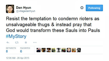 Pastor Dan Hyun of The Village Church in Baltimore, Md., admonished Christians against calling rioters 'thugs' on April 28, 2015, on Twitter.