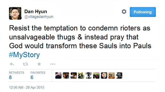 Pastor Dan Hyun of The Village Church in Baltimore, Md., admonished Christians against calling rioters 'thugs' on April 28, 2015, on Twitter.