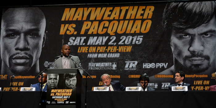 Mar 11, 2015; Los Angeles, CA, USA; Floyd Mayweather address the media during a press conference to announce his fight with Manny Pacquiao fight on May 2, 2015 at Los Angeles.