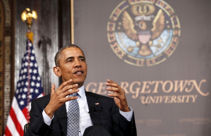 U.S. President Barack Obama takes part in the Catholic-Evangelical Leadership Summit on Overcoming Poverty at Georgetown University in Washington May 12, 2015.