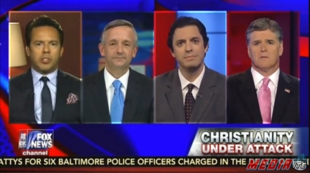 The Rev. Samuel Rodriguez, pastor Robert Jeffress, American Atheists president David Silverman and Fox News host Sean Hannity debate religious freedom on Wednesday, May 27, 2015.