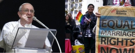 Pope Francis addresses crowd at the Vatican in Rome, Italy. An LGBT activist holds a banner during a rally supporting same-sex marriage in Sydney, Australia, May 31, 2015.