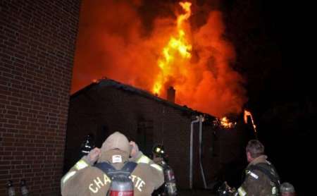 The Charlotte Fire Department responds to a fire at the Briar Creek Baptist Church in Charlotte, North Carolina.