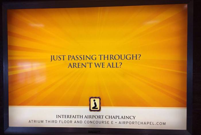 Sign advertising the Interfaith Airport Chapel at the Hartsfield-Jackson Atlanta International Airport in Georgia.