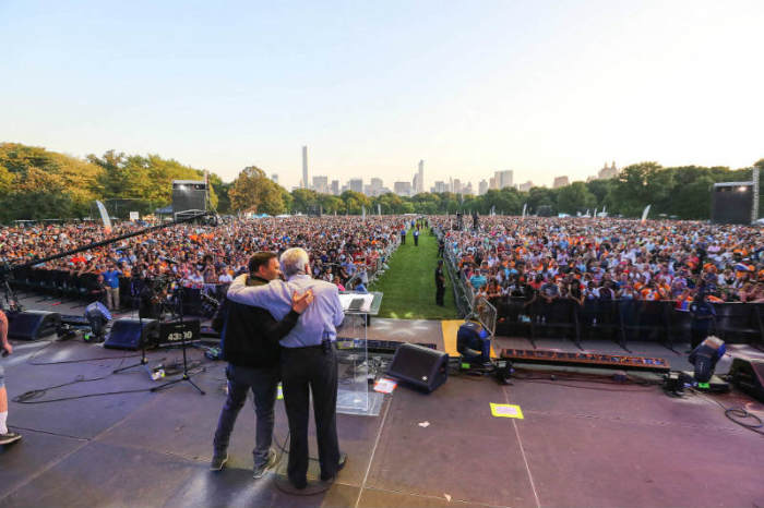 Recording artist Matt Redman and evangelist Luis Palau appear on stage on the Great Lawn at Central Park on July 11, 2015, in New York City.