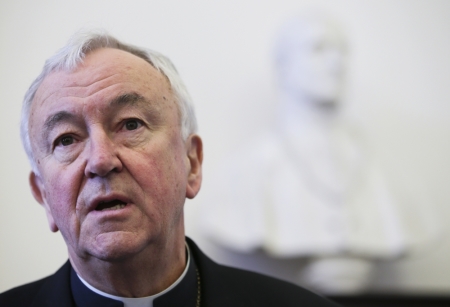 Newly elected cardinal Vincent Gerald Nichols of Britain talks during a news conference at the British college in downtown Rome, February 24, 2014.