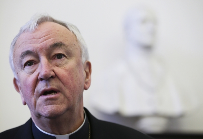 Newly elected cardinal Vincent Gerald Nichols of Britain talks during a news conference at the British college in downtown Rome, February 24, 2014.