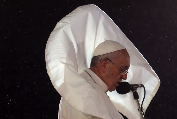 Pope Francis delivers a speech to Catholic faithful at Copacabana beach in Rio de Janeiro, Brazil, July 25, 2013. Pope Francis is on the fourth day of his week-long visit for World Youth Day.