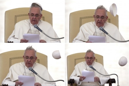 A combination picture of Pope Francis as a gust of wind blows his skull cap off as he leads the general audience in Saint Peter's Square at the Vatican, February 19, 2014.