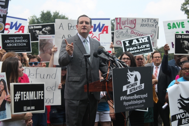 Texas Senator and 2016 Republican presidential candidate Ted Cruz speaks at a pro-life protest outside of the U.S. Capitol in Washington, D.C. on July 28, 2015.