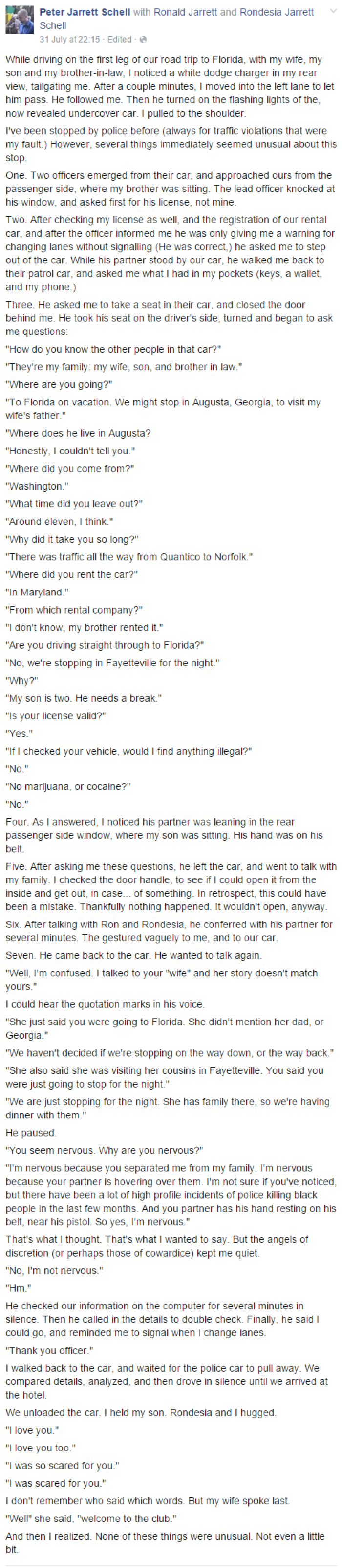 The Rev. Peter Jarrett Schell, the rector at Calvary Episcopal Church in Silver Spring, Maryland, revealed on Facebook a July 31, 2015, traffic stop involving himself, his black wife, their biracial son and his brother-in-law that made him 'nervous.'