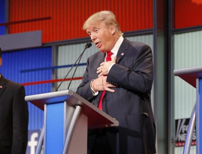 Republican 2016 U.S. presidential candidate and businessman Donald Trump reacts near the end of the debate in Cleveland, Ohio, August 6, 2015.