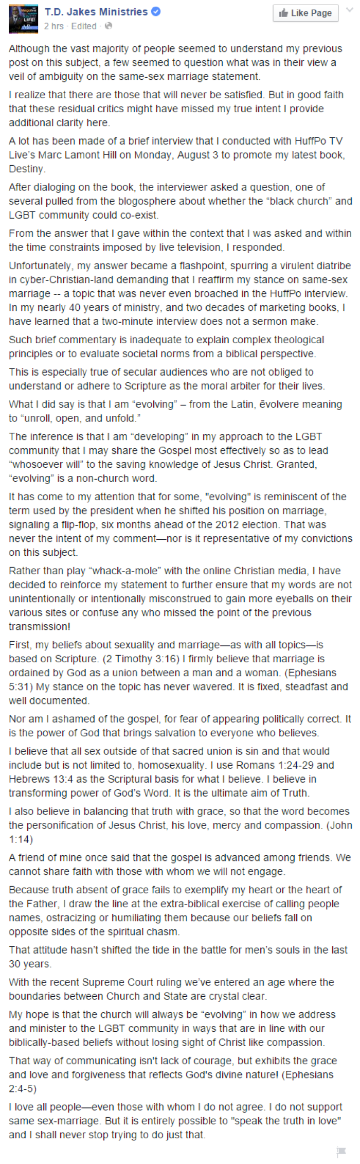 Bishop T.D. Jakes of The Potter's House addresses on April 11, 2015, responses to his Aug. 3, 2015, interview with HuffPost Live.