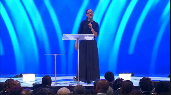 Evangelist Joyce L. Rodgers speaking at the Sunday service at MegaFest 2015 at American Airlines Center in Dallas, Texas on August 23, 2015.