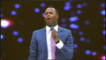 Gospel singer Anthony Brown singing at MegaFest at American Airlines Arena in Dallas, Texas on August 23, 2015.