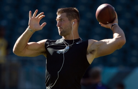 Aug 22, 2015; Philadelphia, PA, USA; Philadelphia Eagles quarterback Tim Tebow (11) throws during warm ups before a game against the Baltimore Ravens at Lincoln Financial Field.