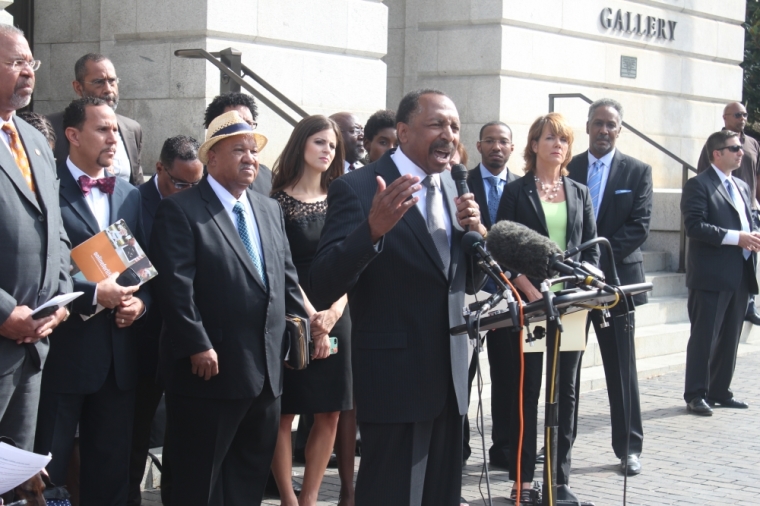 Bishop E.W. Jackson speaks at a rally outside of the National Portrait Gallery in Washington D.C. on August 27, 2015, where he other concerned pastors and activists called on the gallery to remove the bust of Planned Parenthood founder Margaret Sanger.