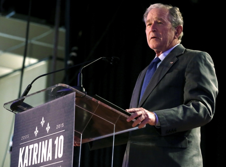 Former U.S. President George W. Bush delivers a speech at Warren Easton Charter High School one day before the ten year anniversary of Hurricane Katrina in New Orleans, Louisiana, August 28, 2015.