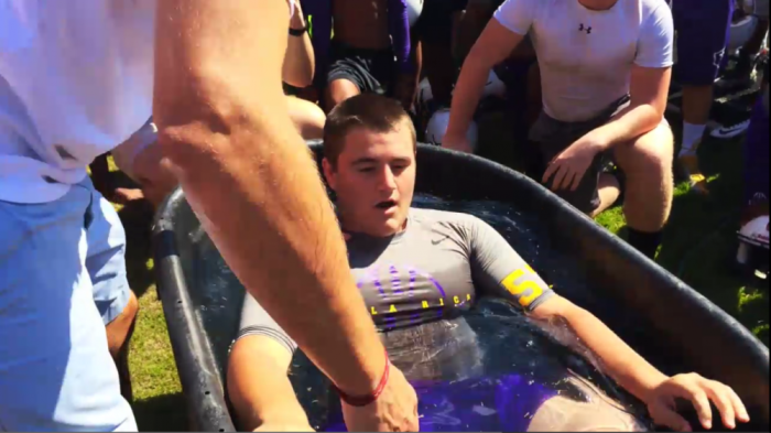 A baptism on the football field at Villa Rica High School in Georgia.