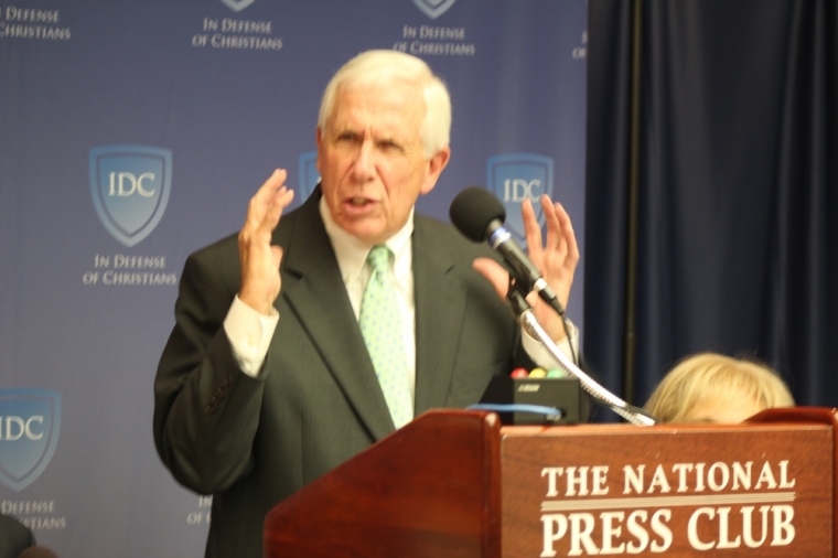 Retired Congressman Frank Wolf, R-Va., gives a speech at an In Defense of Christians panel discussion on the persecution of Middle Eastern Christians at the National Press Club in Washington, D.C. on Sept. 9, 2015.