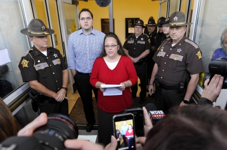 Kim Davis addresses the media just before the doors are opened to the Rowan County Clerk's Office in Morehead, Kentucky, September 14, 2015. Davis, the Kentucky county clerk who refused to issue same-sex marriage licenses, walked out of jail on Tuesday after a federal judge who found her in contempt said he was satisfied licenses were being issued in accordance with a U.S. Supreme Court decision.