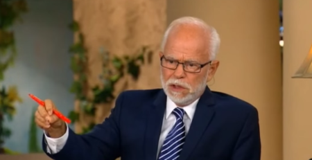 Televangelist Jim Bakker promoting his End Times Bulk Buckets on 'The Jim Bakker Show' in August 2015.