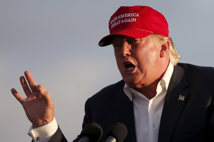 U.S. Republican presidential candidate Donald Trump speaks on the USS Iowa in San Pedro, Los Angeles, California, United States September 15, 2015.