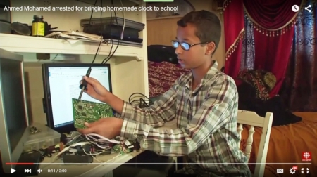 Irving, Texas teen Ahmed Mohamed was arrested for bringing a homemade clock that resembled a bomb to school, September 2015.