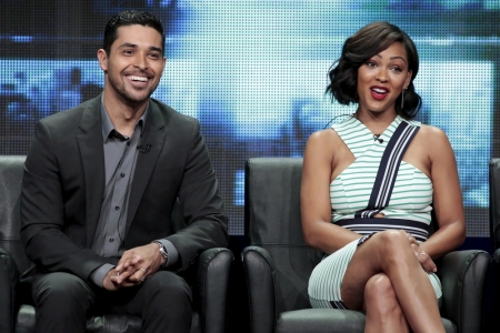 Cast members Wilmer Valderrama (L) and Meagan Good (R) participate in the FOX 'Minority Report' panel at the Television Critics Association (TCA) Summer 2015 Press Tour in Beverly Hills, California, August 6, 2015.