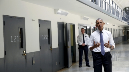 U.S. President Barack Obama speaks during his visit to the El Reno Federal Correctional Institution outside Oklahoma City July 16, 2015. Obama is the first sitting president to visit a federal prison.