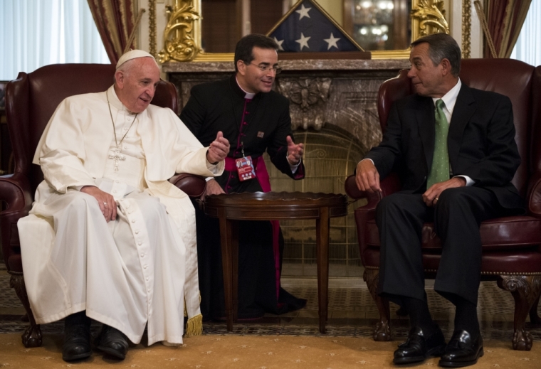 Speaker of the House John Boehner, R-Ohio (R) speaks with Pope Francis in the U.S. Capitol building as the Pope arrives to deliver his speech to a joint meeting of Congress in Washington, D.C. September 24, 2015.