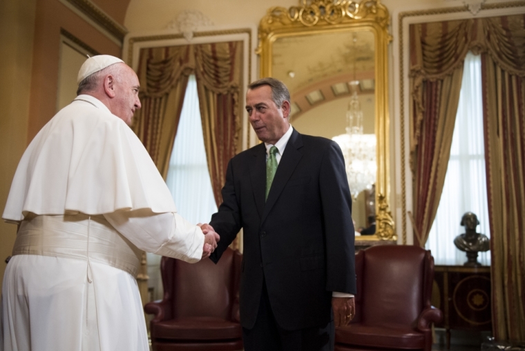 Speaker of the House John Boehner, R-Ohio (R) meets Pope Francis in the U.S. Capitol building as the Pope arrives to deliver his speech to a joint meeting of Congress in Washington, D.C. September 24, 2015.