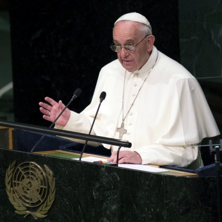 Pope Francis addresses attendees in the opening ceremony to commence a plenary meeting of the United Nations Sustainable Development Summit 2015 at the United Nations headquarters in Manhattan, New York September 25, 2015.