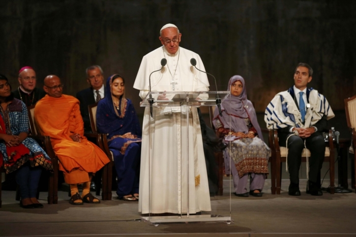 Pope Francis presides over a multi-religious service as he visits the museum to the September 11, 2001 attacks in New York.