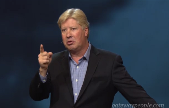 Founding Senior Pastor of the 36,000-member Gateway Church in Texas, Robert Morris chides Christians who like reading filthy gossip on the Internet during his sermon on Sunday September 26, 2015.