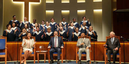 Linda Powell, Andrew Garman, Larry Powell, Philip Kerr, and the ensemble choir of 'The Christians' by playwright Lucas Hnath.