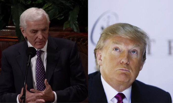 David Jeremiah, pastor of Shadow Mountain Community Church, a megachurch in El Cajon, California, (L) and GOP 2016 presidential frontrunner, Donald Trump (R).